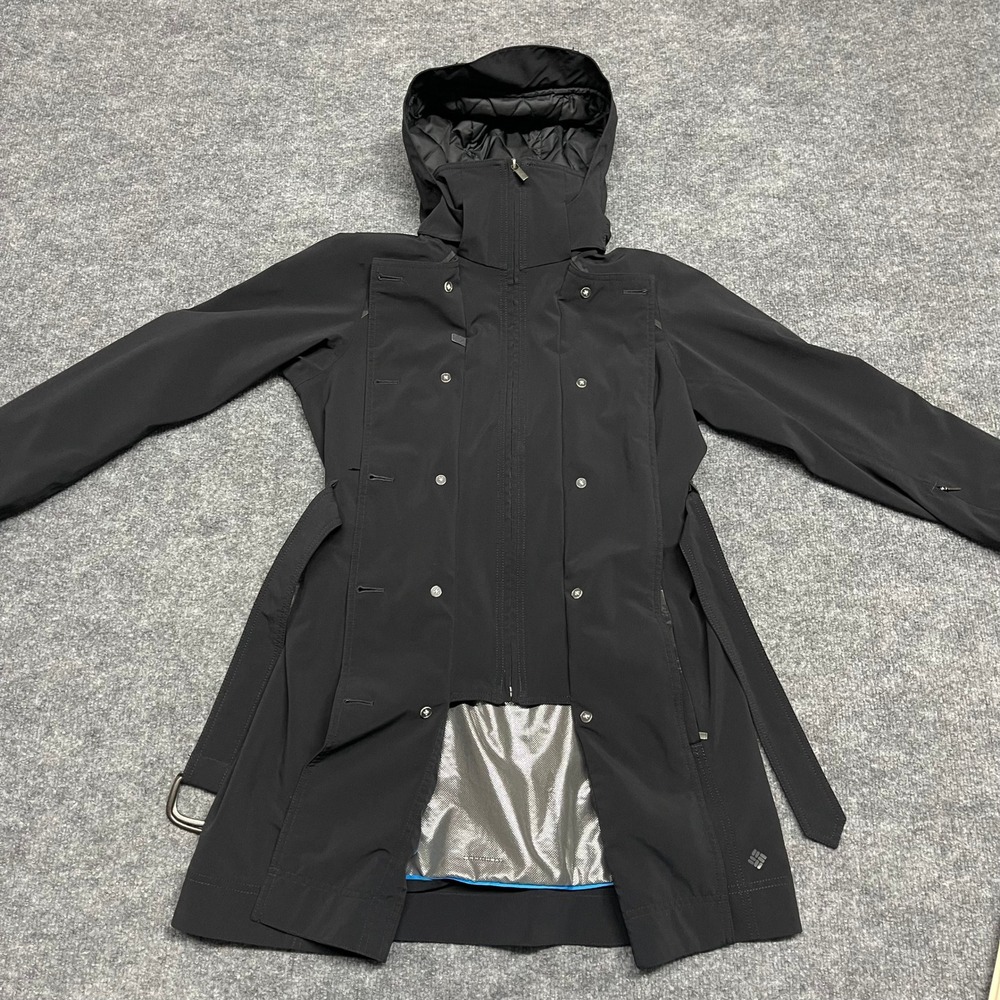 Columbia Coat Womens Medium Black Omni-Heat Trench Double Breasted Belted Hooded - Picture 2 of 16